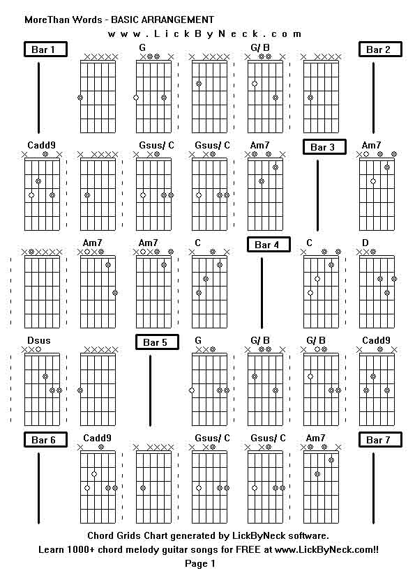 Chord Grids Chart of chord melody fingerstyle guitar song-MoreThan Words - BASIC ARRANGEMENT,generated by LickByNeck software.